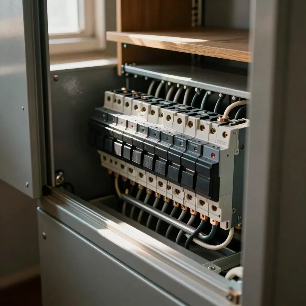 Cabinet électrique ouvert vu en plongée, câblage ordonné et composants alignés.