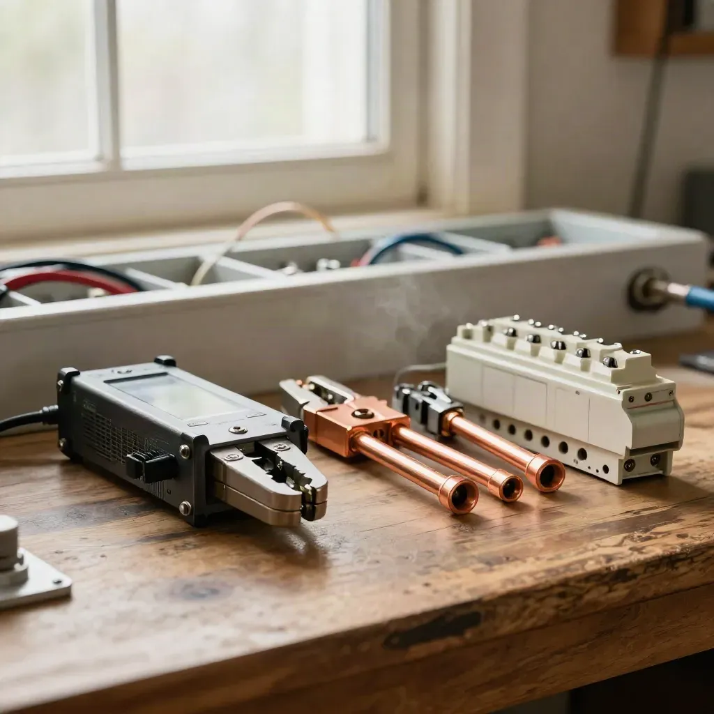 Banc d’essai électrique avec pinces ampèremétriques, analyseur et barres cuivre sur établi.