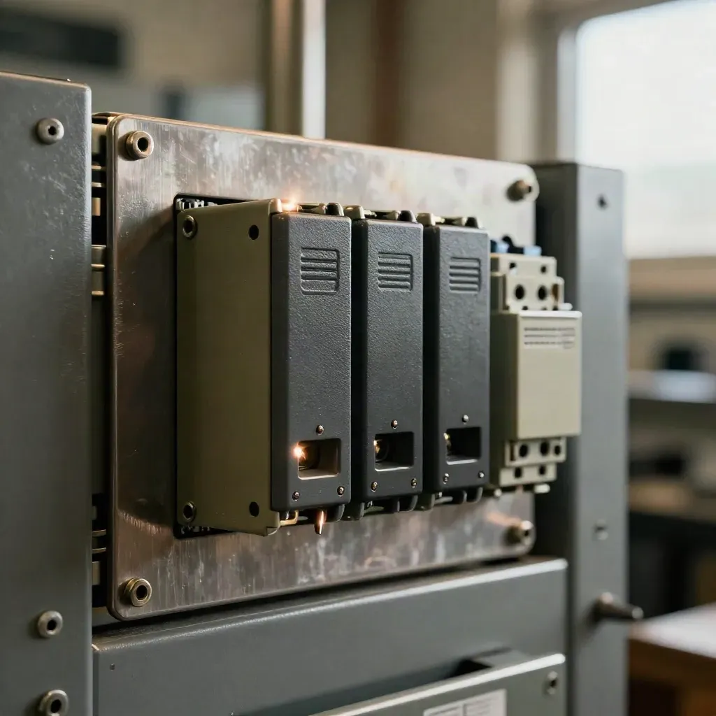 Gros plan sur un rack PLC, relais et capteurs montés sur panneau métallique industriel.