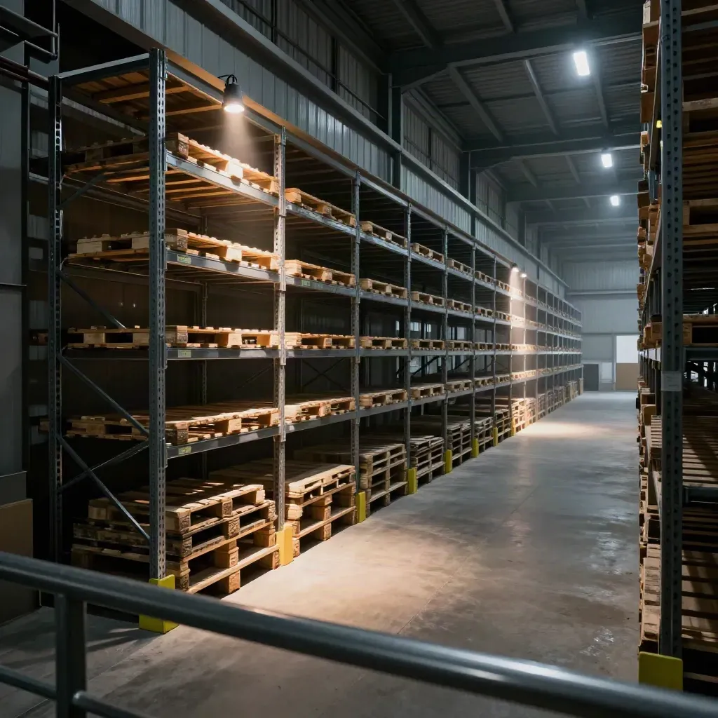 Entrepôt éclairé par zones, allées vides, capteurs et lumière de sécurité au repos.