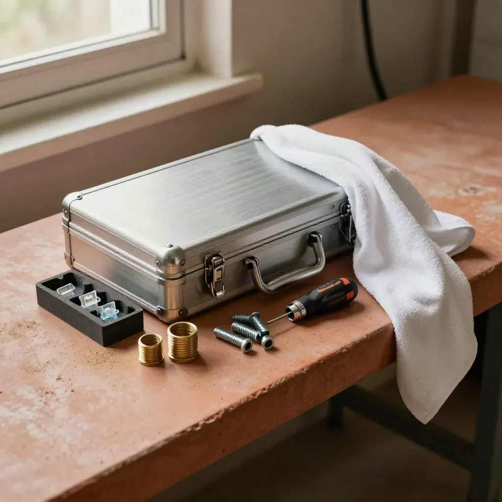 Kit de maintenance électrique près d’une mallette métallique fermée, avec fusibles, passe-câbles et chiffon blanc.