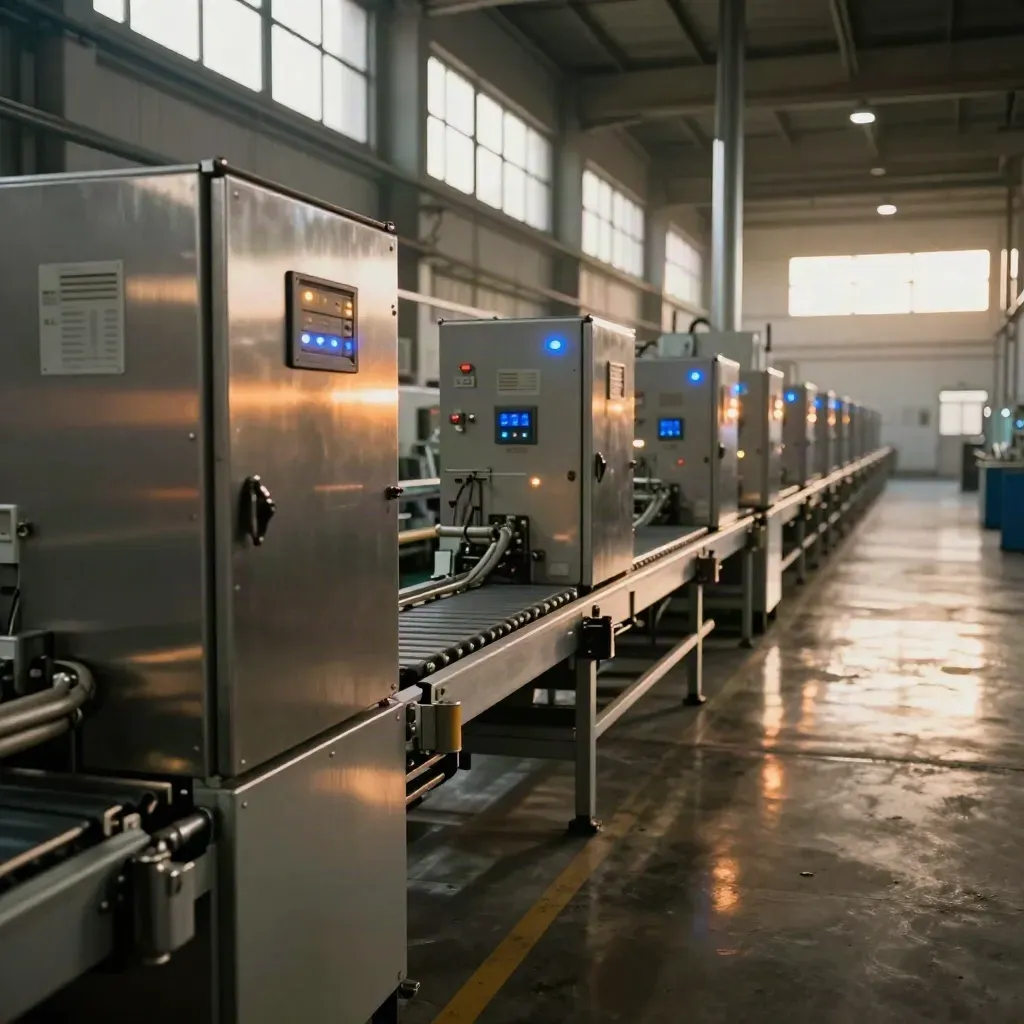 Ligne de production rénovée, armoires électriques propres et voyants bleus dans une usine vide.