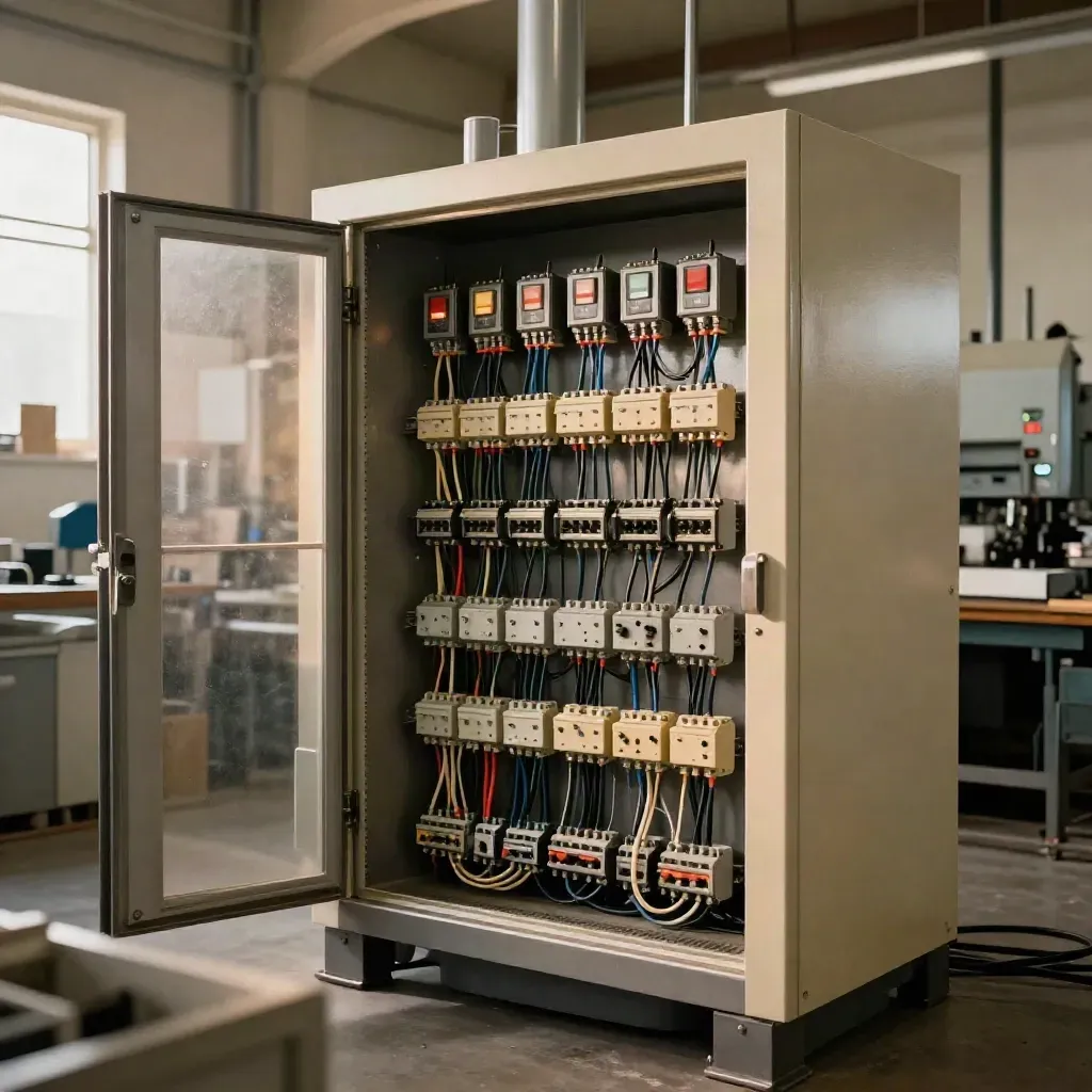 Armoire électrique recâblée dans un atelier plastique, avec voyants remis à zéro.
