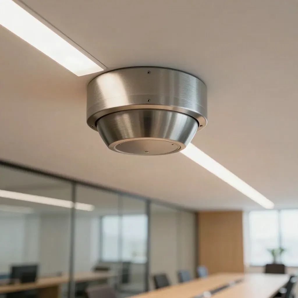 Macro d’un capteur de présence et d’un plafonnier LED dans un bureau SME lumineux.