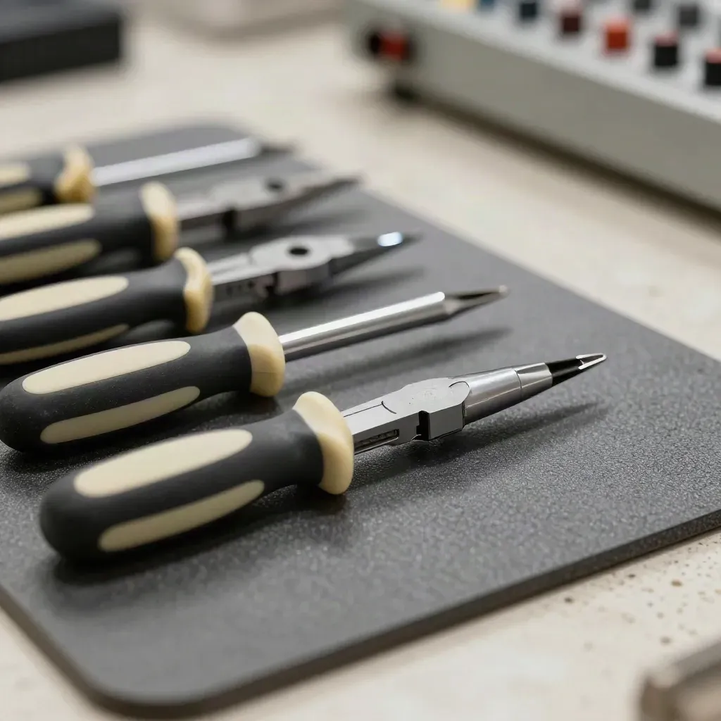 Tournevis isolés, sondes fines et pinces sur tapis antistatique graphite, en gros plan.