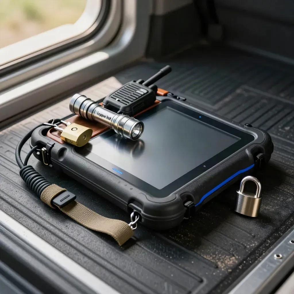 Kit terrain électrique sur sol utilitaire sombre avec tablette renforcée, radio, lampe et cadenas.