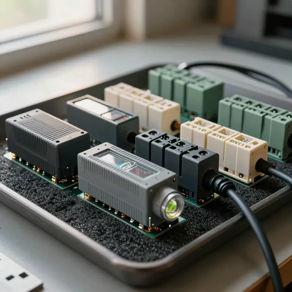 Modules d’automatisme sur mousse antistatique, lumière froide et accents verts.