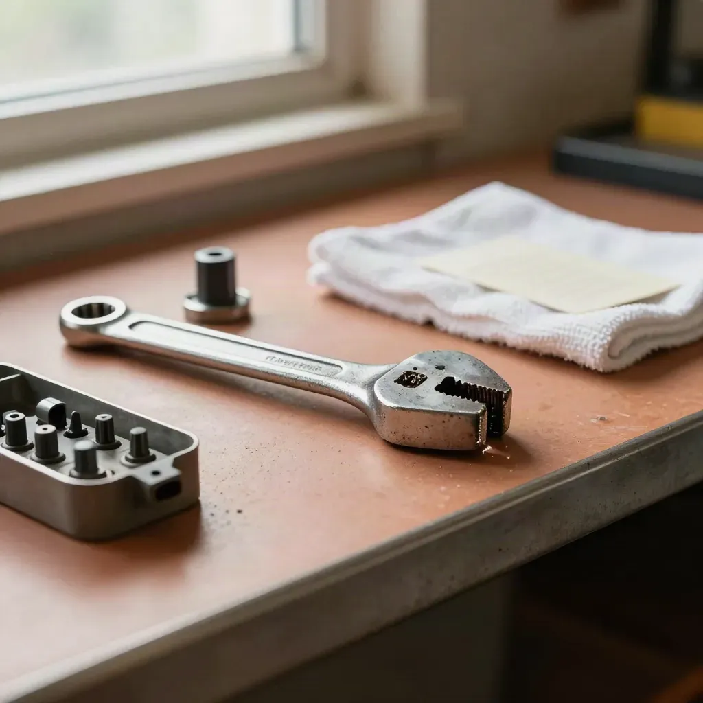 Outils de maintenance électrique sur un établi terracotta, avec poussière métallique et huile légère.