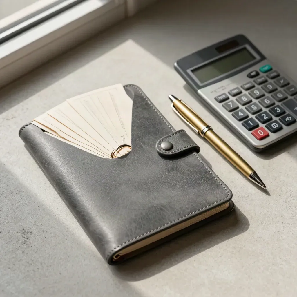 Portfolio de devis fermé avec anneaux de câbles, stylo laiton et calculatrice sur béton.