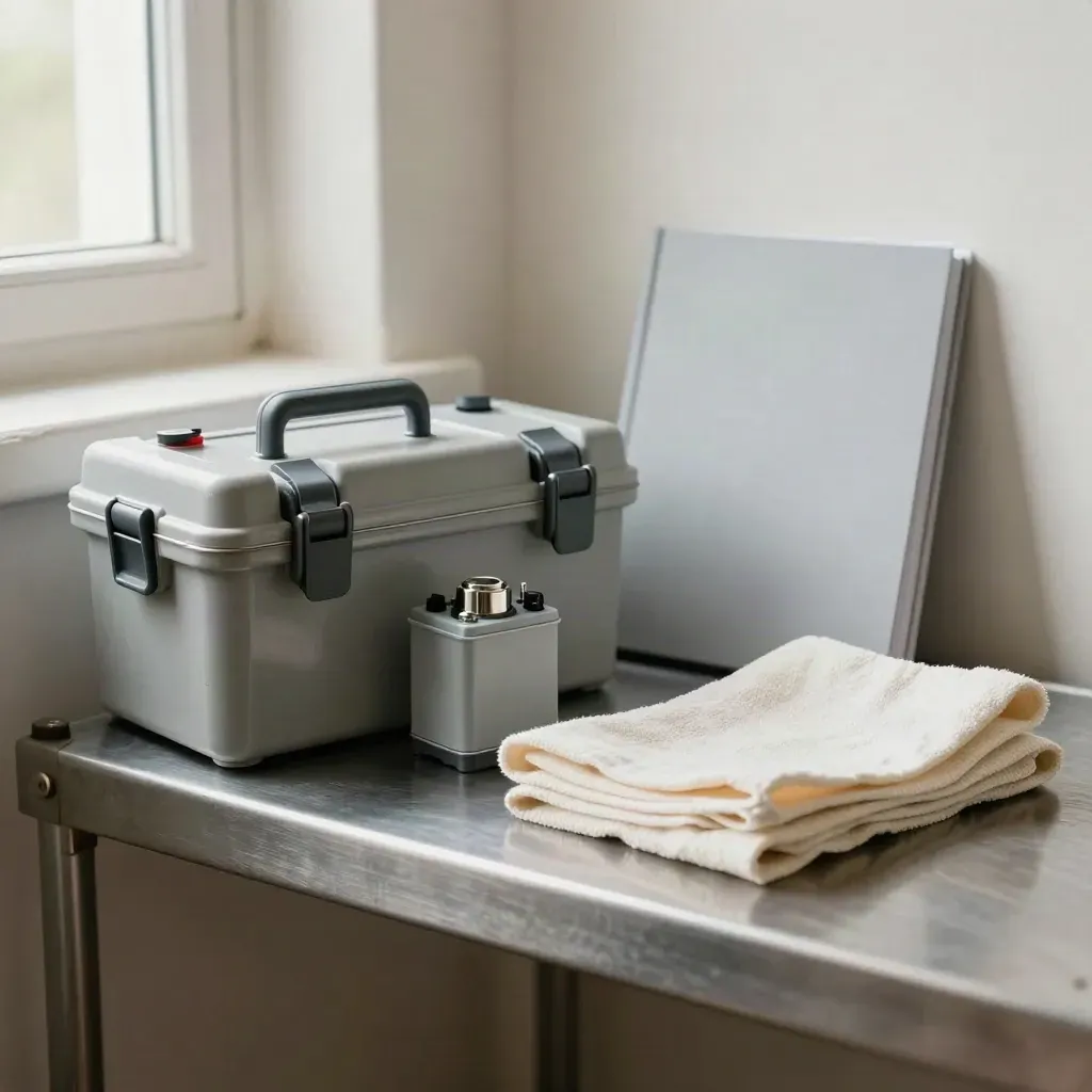 Kit de maintenance scellé, contacteur de rechange, carnet fermé et chiffon sur étagère utilitaire.
