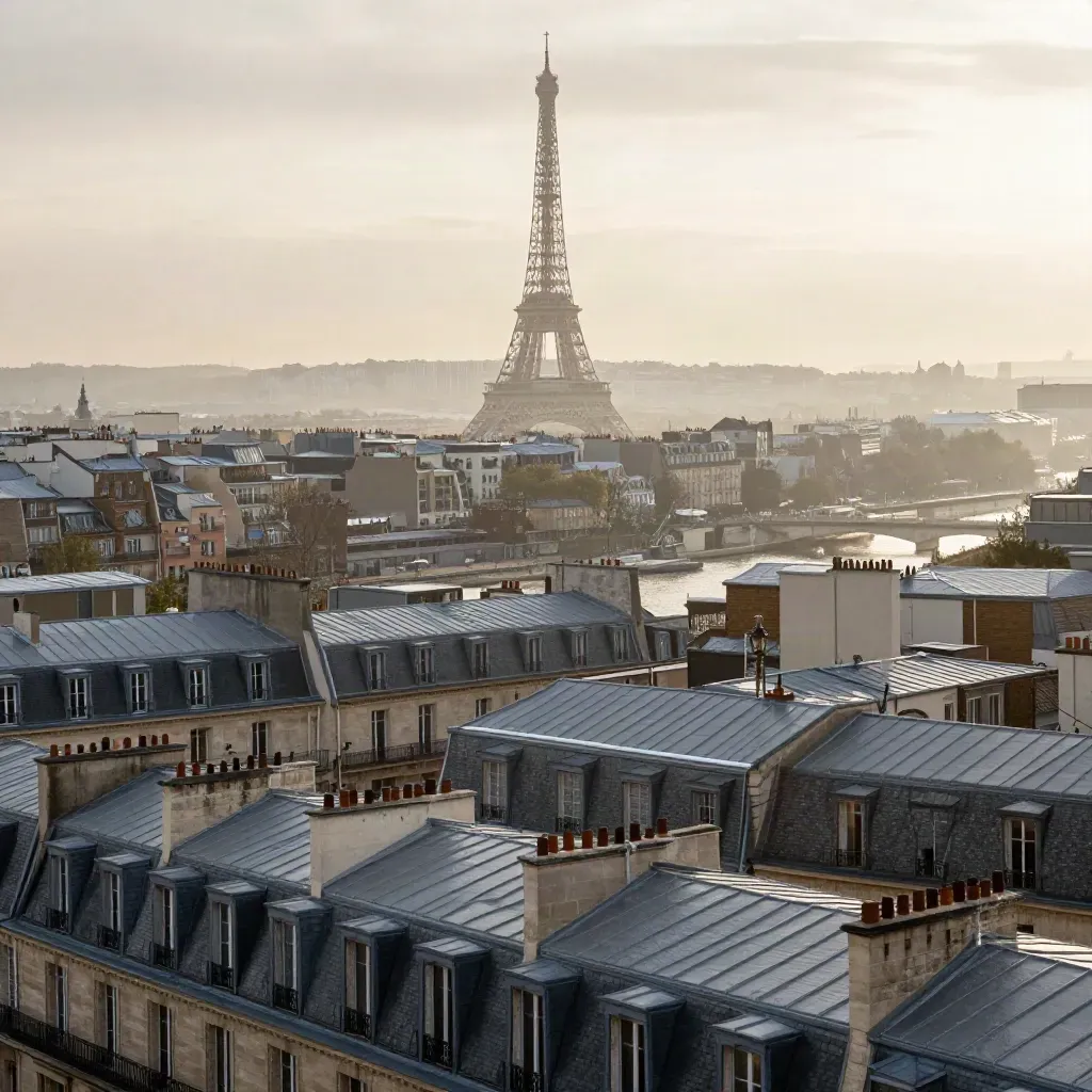 Toits de Paris et Seine sous la brume, avec la tour Eiffel au loin à l’aube.