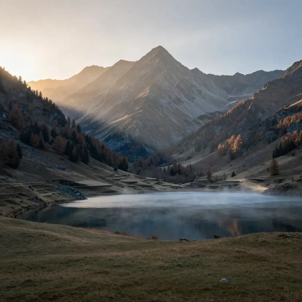 Vue d’une vallée alpine au lever du soleil, lac calme et crête montagneuse dans la brume.