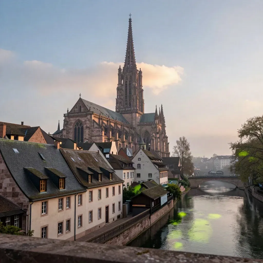 Spire de Strasbourg au-dessus des canaux, brume bleutée et toits clairs au crépuscule.