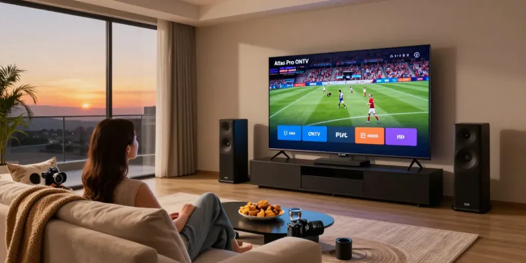 Installation du service Atlas Pro ONTV dans un salon moderne avec télévision haute définition.
