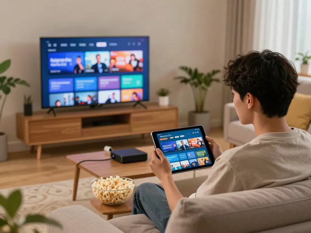 Utilisant l'application atlas pro iptv sur tablette dans un salon moderne avec une ambiance chaleureuse.